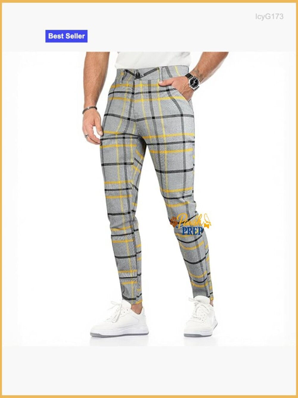Men's Slim Fit Stretch Chino Pants Plaid Pattern Casual Wear